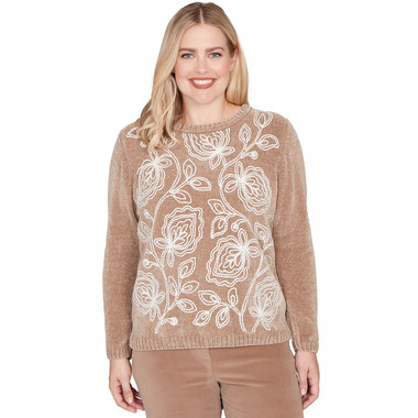 MOCHA Petite Women's Stitched Leaf Detail Chenille Sweater