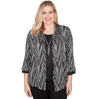 BLACK/WHITE Women's Metallic Chevron Two In One Top With Necklace