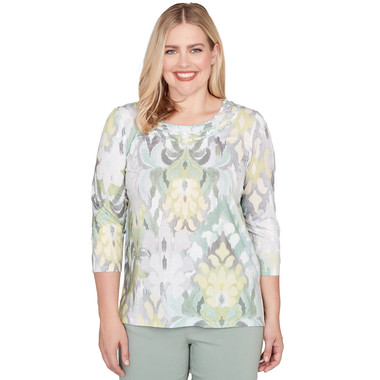 MULTI GREEN Women's Ikat Medallion Pattern Soft Knit Top