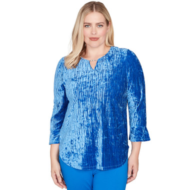 COBALT BLUE Women's Crushed Velvet Keyhole Bell Sleeve Top