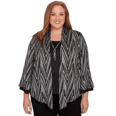 BLACK/WHITE Plus Women's Metallic Chevron Two In One Top With Necklace