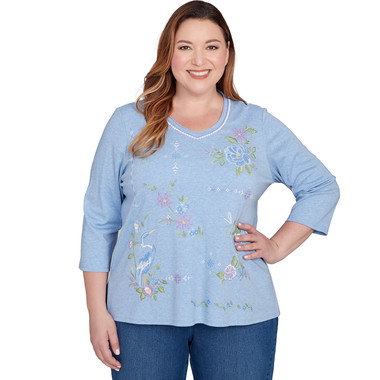 BLUE HEATHER Plus Women's Cross Stitched Floral Top
