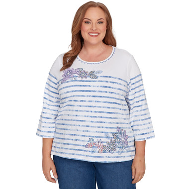 BLUE Plus Women's Applique Flower Tie Dye Stripe Knit Top