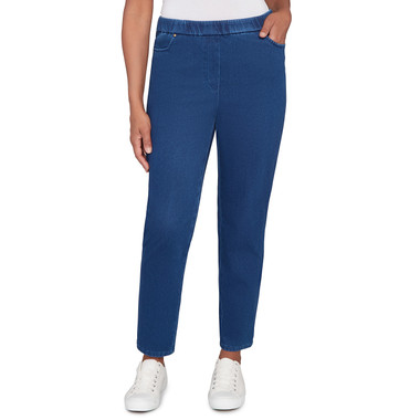 MEDIUM INDIGO Women's Denim Knit Medium Length Split Hem Jeans