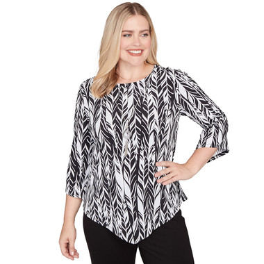 BLACK/WHITE Petite Women's Puff Print Abstract Feather Top