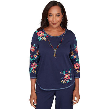 NAVY Petite Women's Embroidered Sleeve Knit Top With Necklace