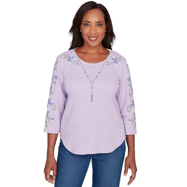 LILAC Petite Women's Embroidered Sleeve Textured Top With Necklace