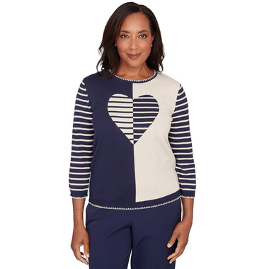 NAVY Petite Women's Heart Motif Detail Striped Sweater