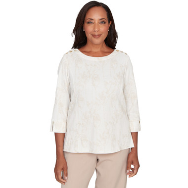 OATMEAL Petite Women's Raised Texture Floral Design Knit Top