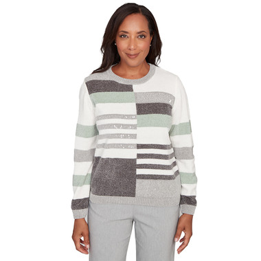 PEWTER MULTI Petite Women's Stripe Sequin Colorblock Chenille Sweater