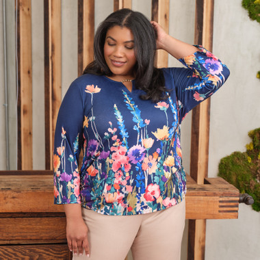 NAVY MULTI Women's Vertical Floral Border Knit Top