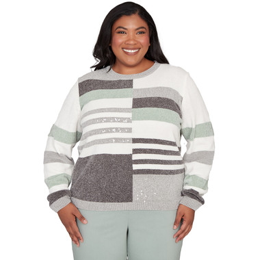 PEWTER MULTI Plus Women's Stripe Sequin Colorblock Chenille Sweater