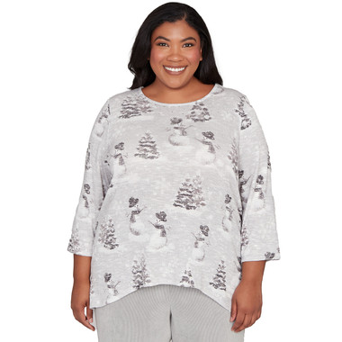 PEWTER Plus Women's Playful Snowmen Scene Knit Top
