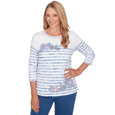 BLUE Petite Women's Applique Flower Tie Dye Stripe Knit Top