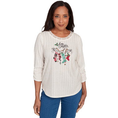 Petite Women's Holiday Stockings Gathered Sleeve Top