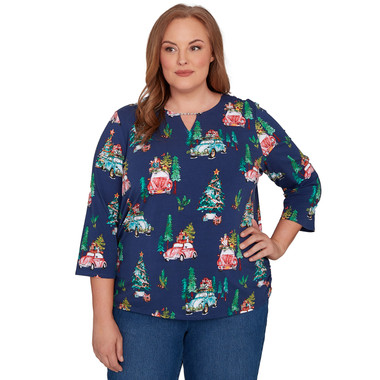 NAVY Plus Women's Christmas Tree Print Beaded Top