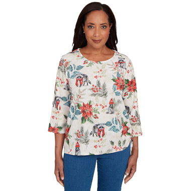 Women's Holiday Raccoon Poinsettias Top