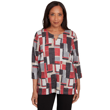 BLACK MULTI Women's Colorblock Split Beaded Neck Top