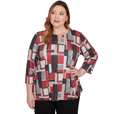 Plus Women's Colorblock Split Beaded Neck Top