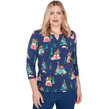 Petite Women's Christmas Tree Print Beaded Top