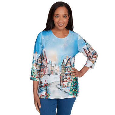 Women's Embellished Snow Cabin Village Scene Top