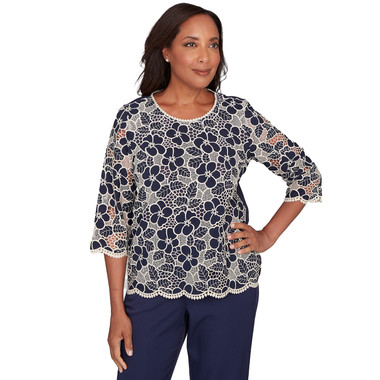 Petite Women's Floral Lace Trim Soft Knit Top