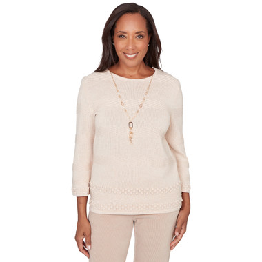 OATMEAL Women's Textured Biadere Striped Sweater With Necklace