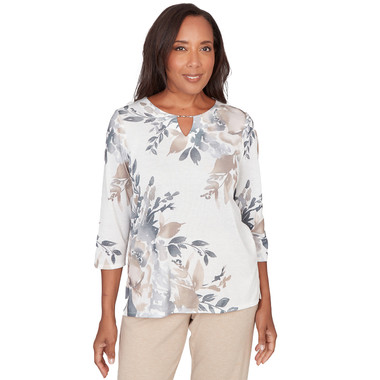 Petite Women's Asymmetrical Floral Border Crew Neck Top