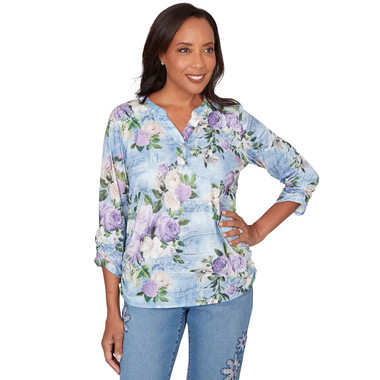 Women's Denim Floral Applique Henley Top
