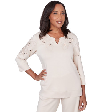 Petite Women's Floral Embroidered Beaded Split Neck Top