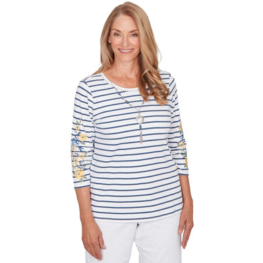 Women's Floral Embroidered Stripe Top With Necklace
