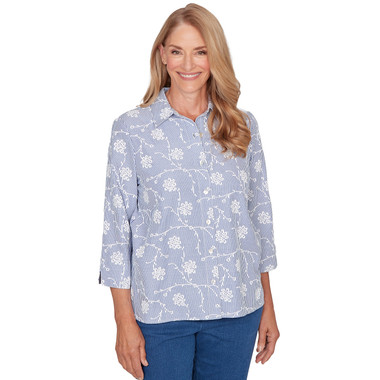 Women's Puff Print Pinstripe Embroidered Button Down Top