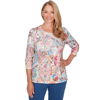 Petite Women's Paisley Floral Pleated Neck Top
