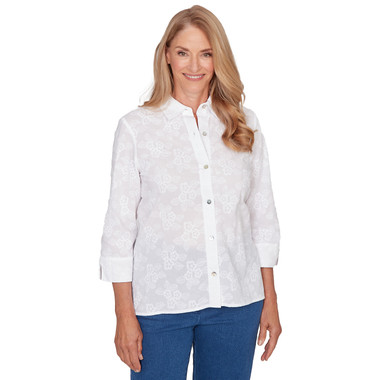 Women's Collared Flower Embroidered Button Down Top