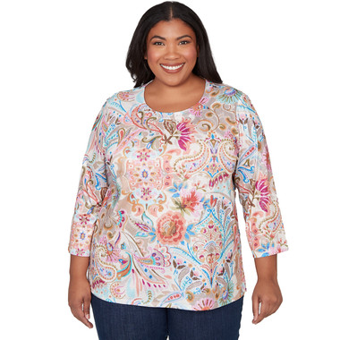 Plus Women's Paisley Floral Pleated Neck Top
