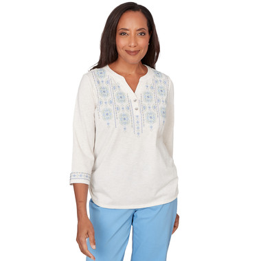 Women's Medallion Embroidered Ruched Henley Top