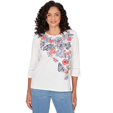 Petite Women's Embroidered Butterfly Crew Neck Knit Top
