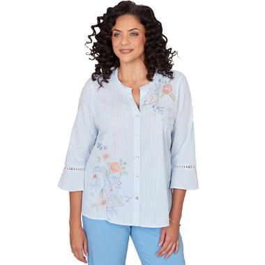 Petite Women's Striped Floral Embroidered Button Down Top
