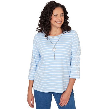 Women's Stripe Cornflower Embroidered Sleeve Top With Necklace
