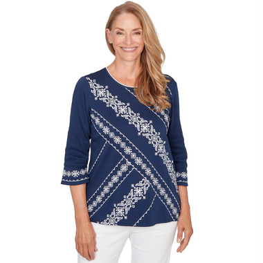Petite Women's Diagonal Scroll Embroidered Crew Neck Top