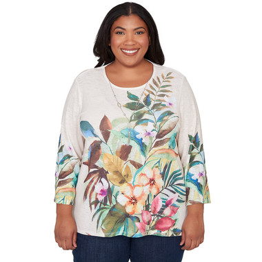 Plus Women's Tropical Print Top With Necklace