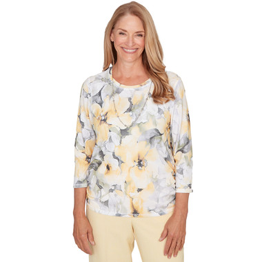 Petite Women's Watercolor Floral Side Ruched Top With Necklace