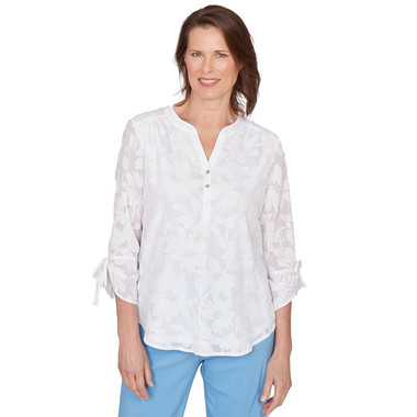 Petite Women's Floral Jacquard Tie Sleeve Henley Top