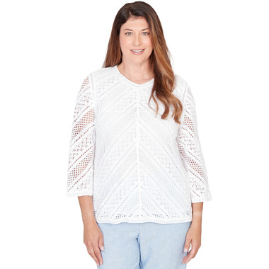 Petite Women's Chevron Crochet Crew Neck Top