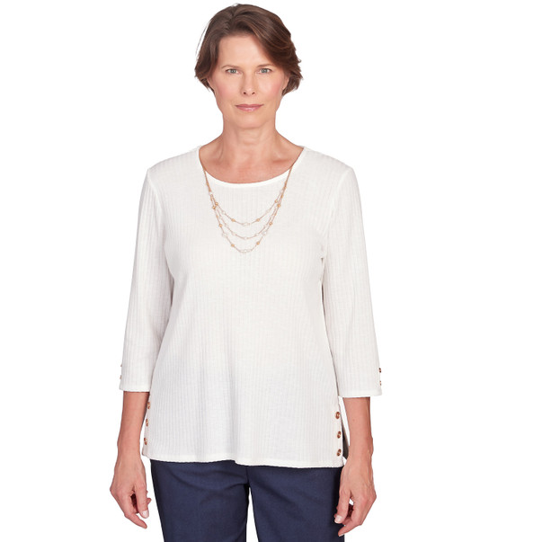 Petite Women's Solid Knit Flutter Sleeve Top With Necklace