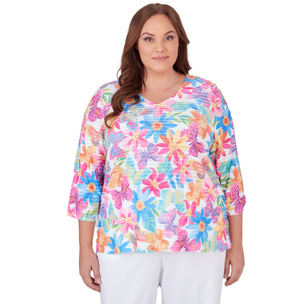 Plus Women's Floral & Butterfly Pleated Ruffle Top