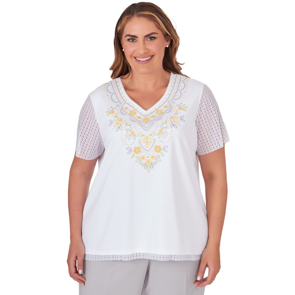 Plus Women's Embroidered Top With Lace Sleeves