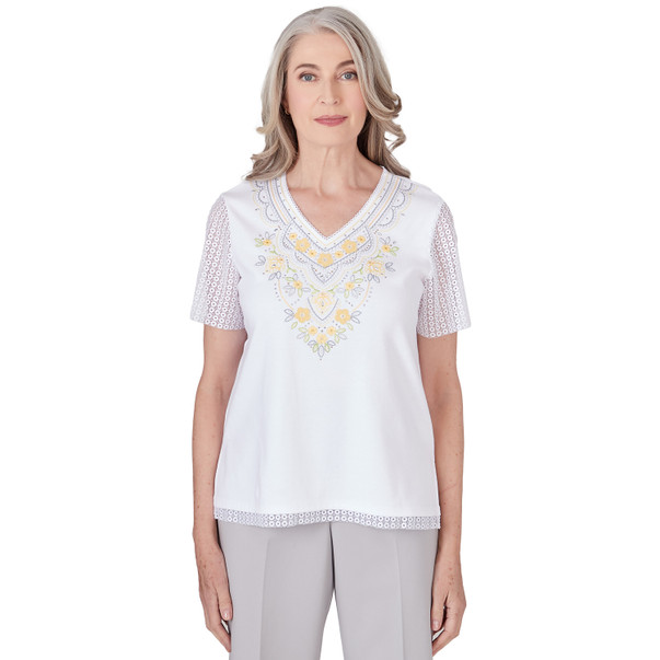 Petite Women's Embroidered Top With Lace Sleeves