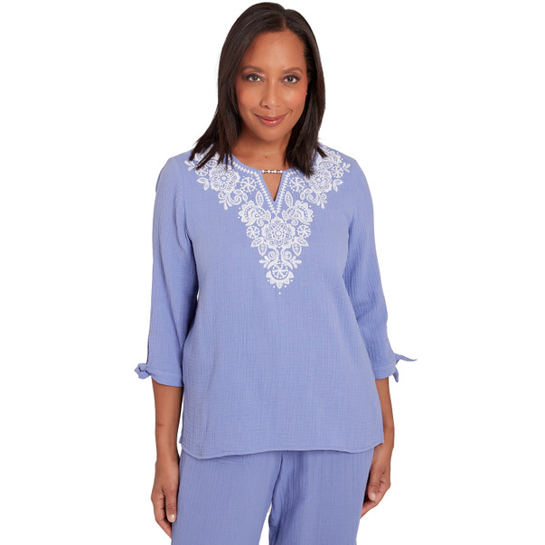 Women's Embroidered Top With Tie Sleeves