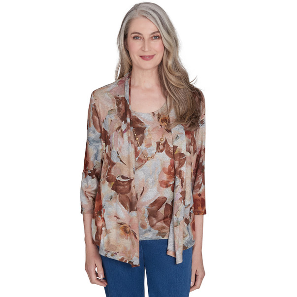 Petite Women's Watercolor Floral Melange Two in One Top with Necklace